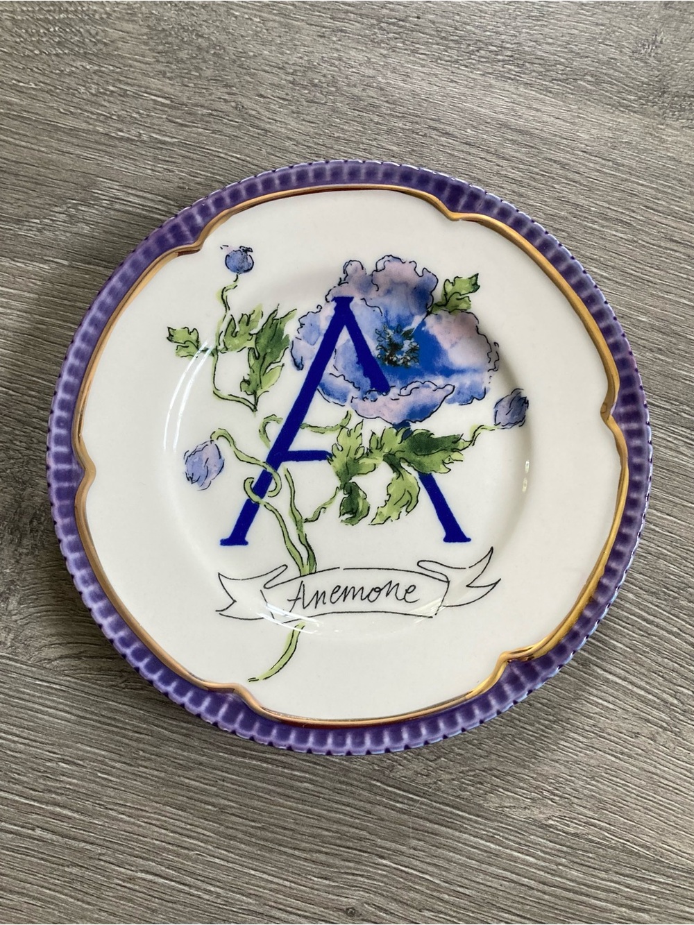 Anthropologie Eyewanderer Monogram "A" Anemone Flower Purple Plate 6"